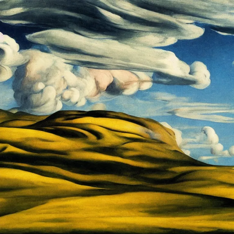 Image similar to dramatic landscape of donegal ireland after the storm, mammatus clouds and lenticular clouds, by edward hopper and giorgio de chirico