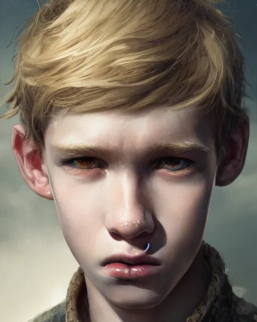 Image similar to portrait of 1 5 - year - old boy with blonde hair, round - face, and slightly buck - toothed, hyper realistic face, beautiful eyes, fantasy art, in the style of greg rutkowski, intricate, hyper detailed, smooth