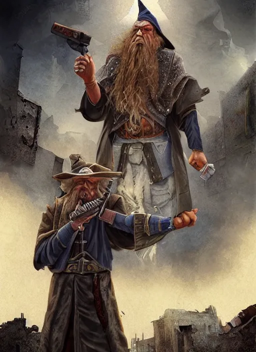 Prompt: portrait of a wizard holding a gun, the wizard has a half shaved head and tattoos, the wizard holding a pistol points downwards, the wizard holding a pistol is only one and stands in a ruined city. by Ciryl Rolando, hyperrealistic illustration, digital art, studio lightning, very detailed faces