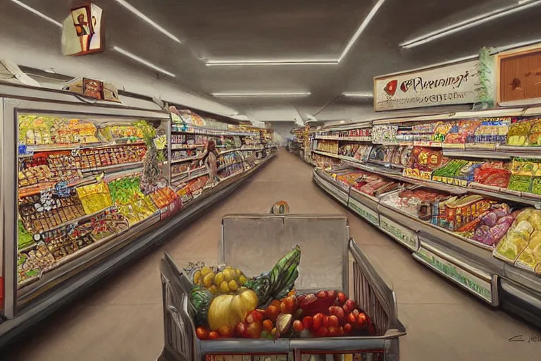 Prompt: a beautiful painting of a pristine and sterile supermarket grocery store, representative of the art style of artgerm and wlop and peter mohrbacher