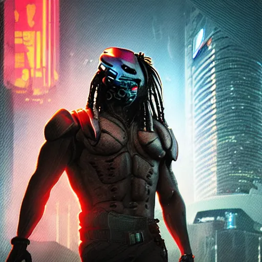 Image similar to high quality photo of The Predator in a cyberpunk cyberpunk cyberpunk city, realism, 8k, award winning photo