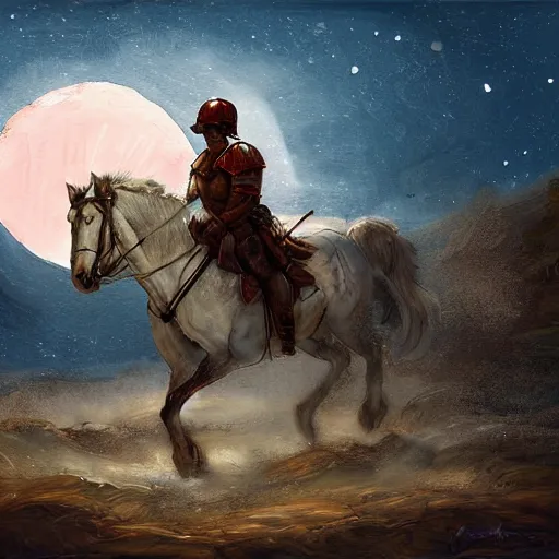 Image similar to Digital art of a tired spartan soldier riding horse on the battlefield in the style of an oil painting, acrylic, bleak, moonlight, detailed,