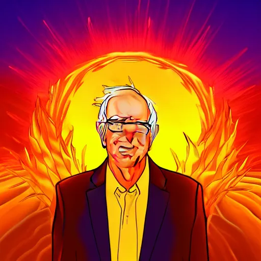 Image similar to portrait of Bernie Sanders with glowing golden aura flying over a desert field, super saiyan 3, yellow spiky hair, digital art