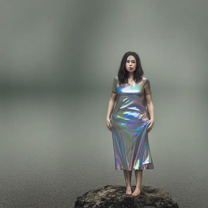 Prompt: a closeup portrait of a woman wrapped in plastic, standing next to a levitating iridescent vinyl orb, in a foggy lake, color photograph, by vincent desiderio, canon eos c 3 0 0, ƒ 1. 8, 3 5 mm, 8 k, medium - format print