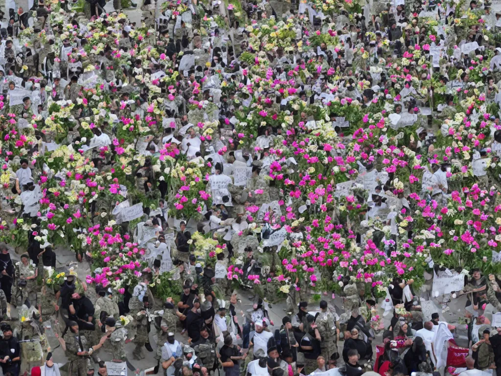 Prompt: military dictatorship with peace symbols, police state covered with flowers