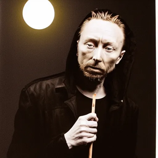 Image similar to Thom Yorke, Thom Yorke, Thom Yorke, holding the moon upon a stick, with a beard and a black jacket, a portrait by John E. Berninger, dribble, neo-expressionism, uhd image, studio portrait, 1990s