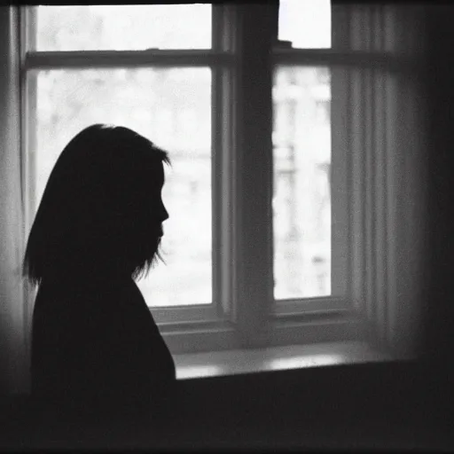 Prompt: black and white photograph portrait of a depressed woman standing by the window, natural light, lomo, film grain, soft vignette, sigma 85mm f/1.4 1/10 sec shutter