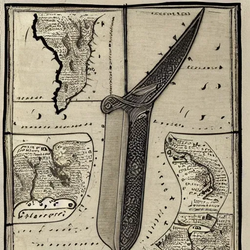 Image similar to a sword blade engraved with a medieval map design