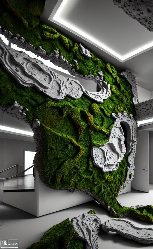 Image similar to highly detailed ultra sharp 3 d render villa interior cinematic composition of a smooth ceramic porcelain biomorphic magnolia stone nebula fluid fractal sci - fi surreal architecture landscape, granite, metallic, magnesium, marble, moss and lichen, vincent callebaut composition, mamou - mani, archviz, beautiful lighting, 8 k, unreal engine, hdr,