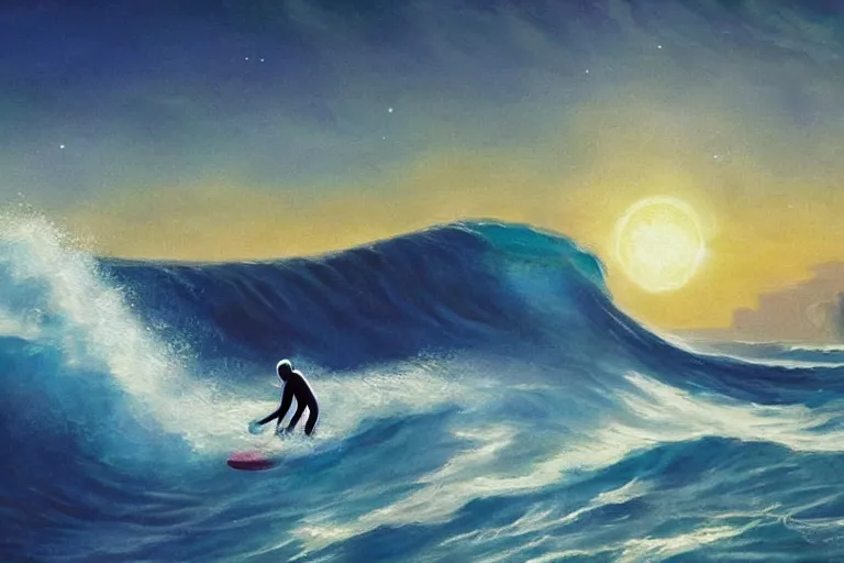 Image similar to an astronaut surfing waves in Jupiter ocean, beautiful, national geographic, very detailed, astrophotography, oil painting, canvas, Sandra Pelser, Jeff Lyons, Edward Hopper