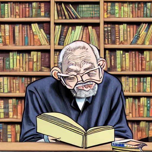 Prompt: detailed details realistic 2 d illustration a old man read manga while sitting on his library in the style of alex ross and banksy