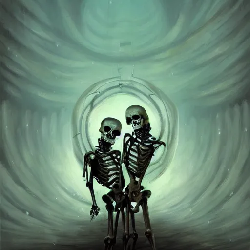 Prompt: A painting of two skeletons locked in embrace as their torso emerges from a portal by Anato Finnstark