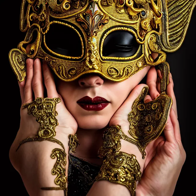 Prompt: full body portrait photo of a female warrior with ornate venetian mask, highly detailed, 8 k, hdr, close up, smooth, sharp focus, high resolution, award - winning photo