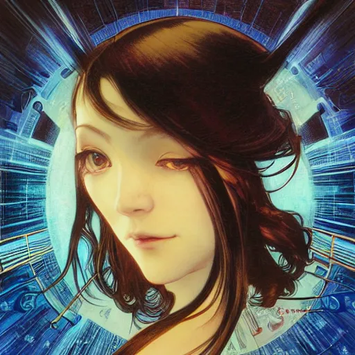 Image similar to portrait of a woman, long black hair, in front of a sci fi cityscape, by tetsuya nomura and annie swynnerton, makoto shinkai, alphonse mucha, detailed, cinematic, wide angle, dark sepia toned shading, luminescent eyes, detailed face, expressive eyes, blue fire everywhere, trending on artstation.