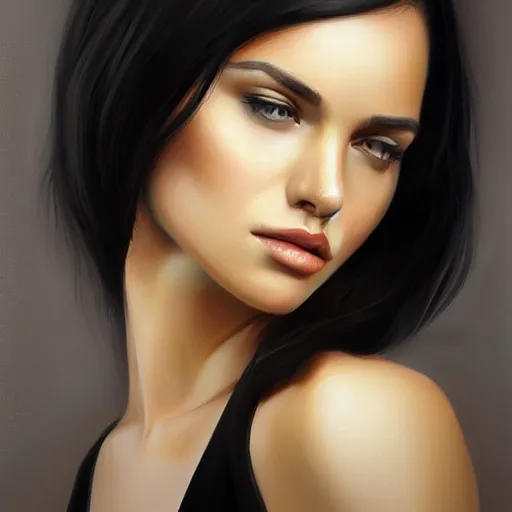 Image similar to portrait of a beautiful woman, black hair, attractive, casual, modern, highly detailed, digital painting, artstation, concept art, smooth, sharp focus, illustration, art by thomas saliot