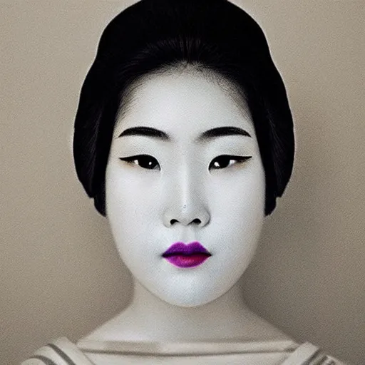 Prompt: “ full face symmetrical photograph of a japanese geisha half her face has traditional make up the other half has no makeup, beautiful, highly detailed, portrait ”