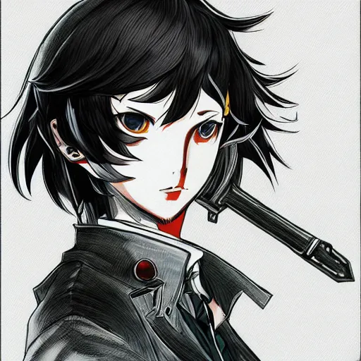 Prompt: Portrait of Ren Amimiya from Persona 5, drawn by Akihikio Yoshida in the style of Bravely Default II, fantasy themed, highly detailed, trending on art station