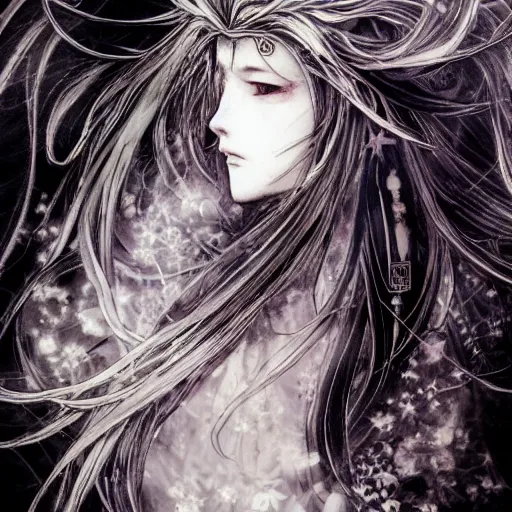 Image similar to yoshitaka amano blurred and dreamy illustration of an anime girl with black eyes, wavy white hair fluttering in the wind wearing elden ring armor with engraving, abstract black and white patterns on the background, noisy film grain effect, highly detailed, renaissance oil painting, weird portrait angle, blurred lost edges, three quarter view