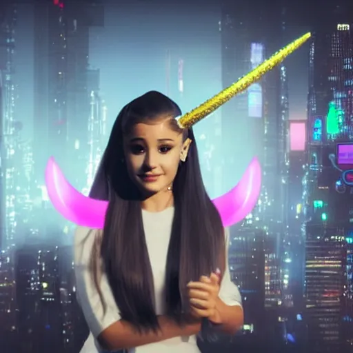 Image similar to ariana grande as a ceo flying a unicorn, cyberpunk, photography, realistic,
