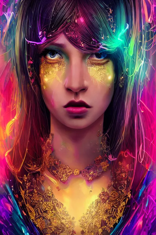 Image similar to An extremely beautiful neon-noir kawaii ornate highly detailed HD portrait of a young attractive woman with a silky bio-luminiscent holographic dress, neo-cyberpunk, professionally painted digital art illustration, smooth, sharp focus, atmospheric lighting, highly detailed illustration highlights, golden ratio, symmetrical facial features, extremely detailed winning award masterpiece, very coherent symmetrical artwork, sense of awe, 8K post-processing, trending on artstation flawless, prismatic highlights, telephoto, depth of field, cinematic, macro, concept art, wepa digital, elegant, epic, octane render, v-ray, C4D