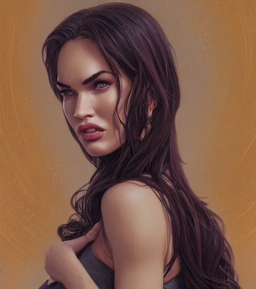 Prompt: a megan fox wearing a golden dress, grey hair, red necktie, cinematic, stunning, highly detailed, digital painting, artstation, smooth, hard focus, full body shot, illustration, art by artgerm and greg rutkowski and alphonse mucha