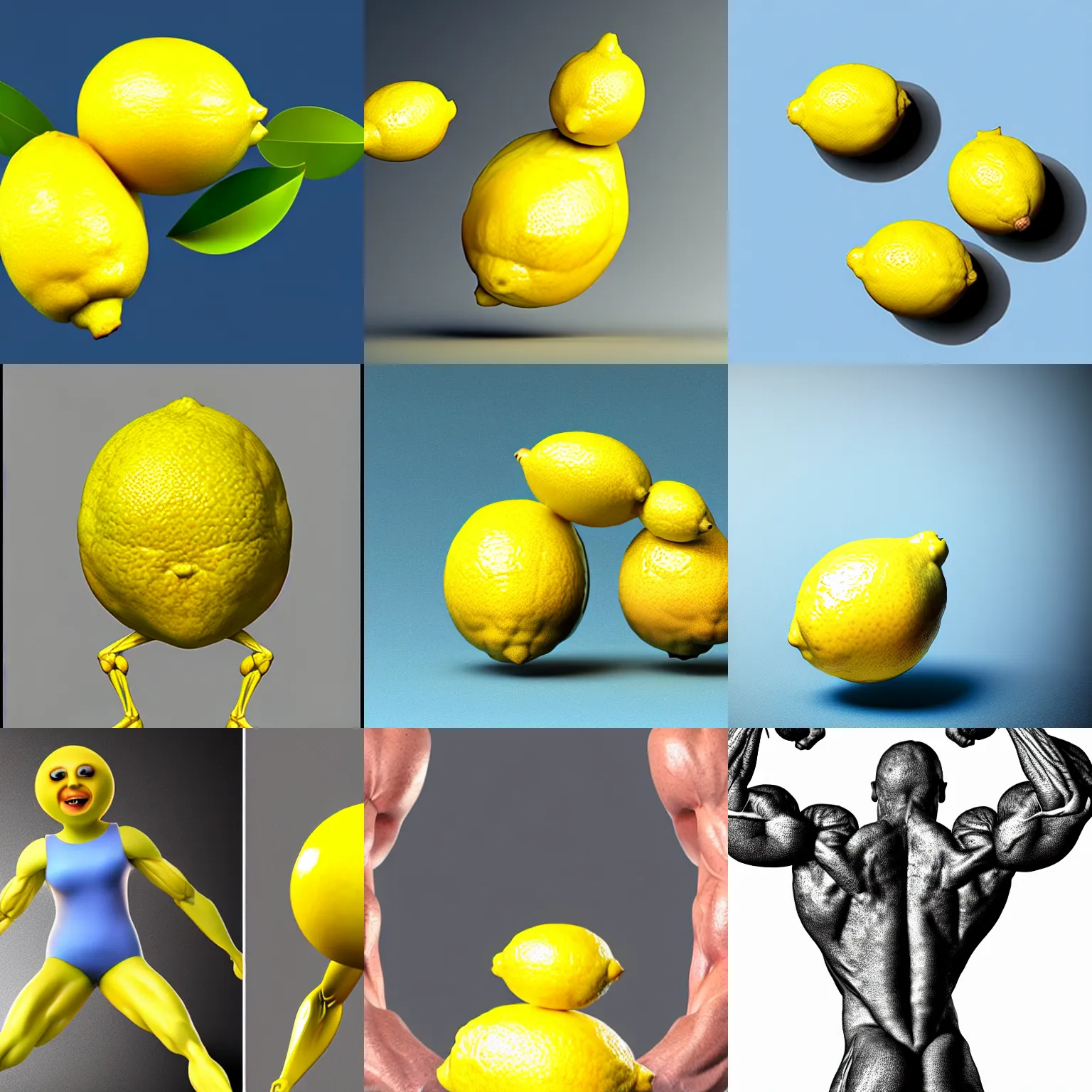 Prompt: a lemon with legs and human arms with muscles, 8k, hyperrealistic