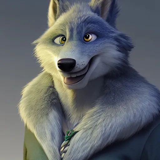 Prompt: portrait character design a mature grown blue fluffy werewolf, style of maple story and zootopia, 3 d animation demo reel, portrait studio lighting by jessica rossier and brian froud and gaston bussiere