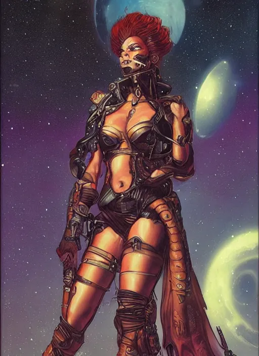 Image similar to portrait of female space pirate, night sky background, beautiful! coherent! by brom, deep color, strong line, high contrast