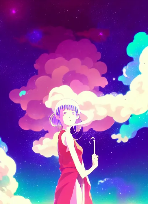 Prompt: portrait of a very cute girl blowing a vape cloud of psychedelic galaxies, smoke made of stars, white background, illustration concept art anime key visual, very trippy and abstract, trending pixiv fanbox by wlop and greg rutkowski and makoto shinkai and studio ghibli and kyoto animation