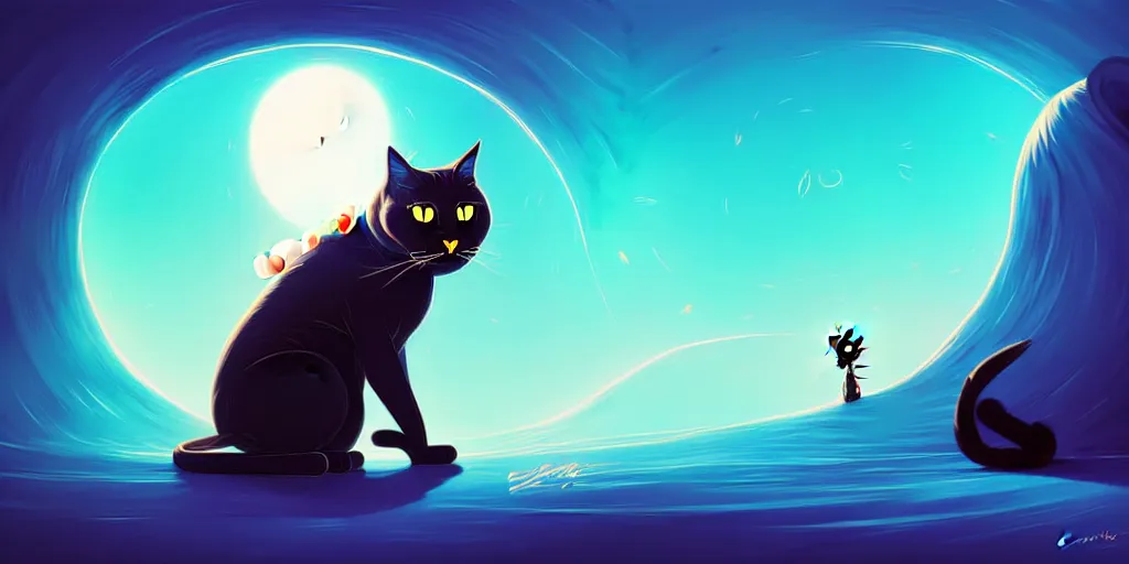 Image similar to curved perspective, extreme narrow, extreme fisheye, digital art of a big female black cat with white spot with blue flower by anton fadeev from nightmare before christmas