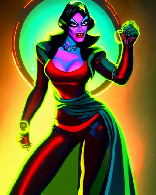 Image similar to miss atomic bomb, supervillain, villainess, pulp femme fatale, glowing eyes, green glow, masterpiece artstation. 8 k, sharp high quality artwork in style of wayne reynolds and don bluth, concept art by jack kirby, blizzard warcraft artwork, hearthstone card game artwork