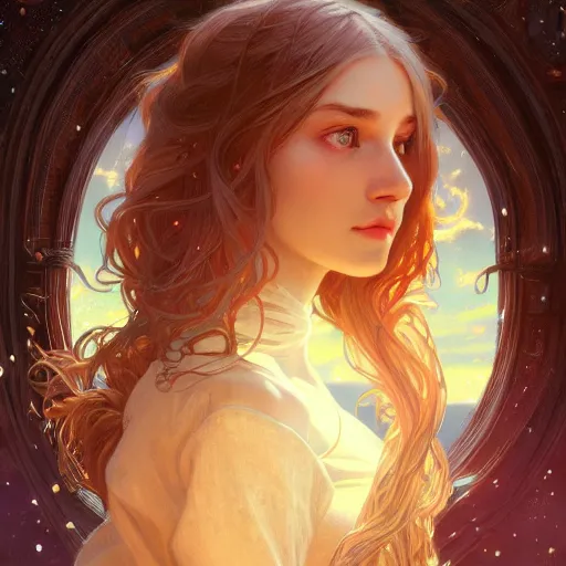 Image similar to girl with super long hair, hair becoming bright stars, intricate, highly detailed, digital painting, artstation, concept art, smooth, sharp focus, illustration, unreal engine 5, 8 k, art by artgerm and greg rutkowski and alphonse mucha