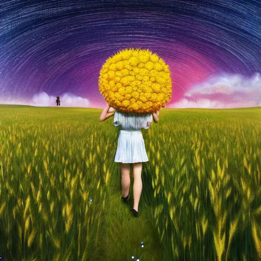 Image similar to giant daisy flower as a head, girl walking in wheat field, hills, surreal photography, moon light, dark night, star trails, dramatic light, impressionist painting, clouds, digital painting, artstation, simon stalenhag