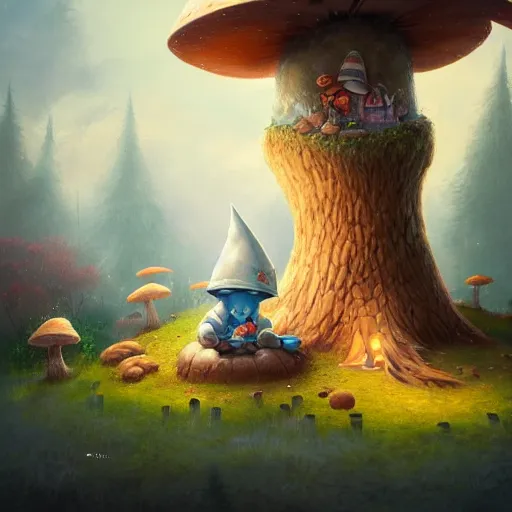 Prompt: painting depicting a gnome and a fox embracing under a large mushroom, a friendly robot, highly detailed, in the style of peter mohrbacher, michael cheval, octane render, unreal engine, trending on artstation