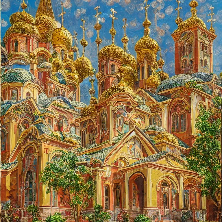 Prompt: a beautiful painting of a beautiful orthodox church with beautiful architecture and various architectural inserts architectural heritage with a beautiful delightful garden, highly detailed