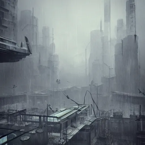 Image similar to raining dark smog wide angle shot machinery dieselpunk dystopia corrogated steel overhead walkway trending on artstation