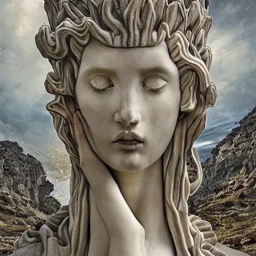 Image similar to A digital masterpiece illustration concept art of a fractured giant porcelain statue of a very beautiful Greek Goddess with its top in the heaven fixed with kintsugi, beautiful eyes, symmetrical face, symmetrical body, greek doric ionic corinthian fountain base, taiga landscape + inspired art by by WLOP + Extremely detailed and intricate complexity + epic composition, magical atmosphere, cinematic lighting + wide long shot, wide angle + trending on artstation + 8k