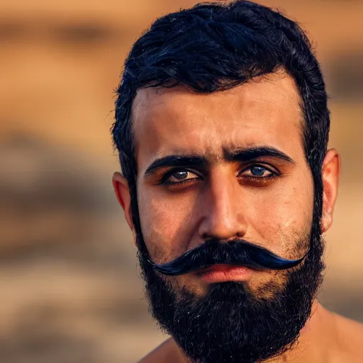Image similar to real life photo of a Syrian man, short dark hair, goatee and moustache, blue watery eyes, full round face, short smile, serene desert setting, cinematic lightning, medium shot, mid-shot, highly detailed, photorealistic, 80mm, 85mm, cinematic wallpaper