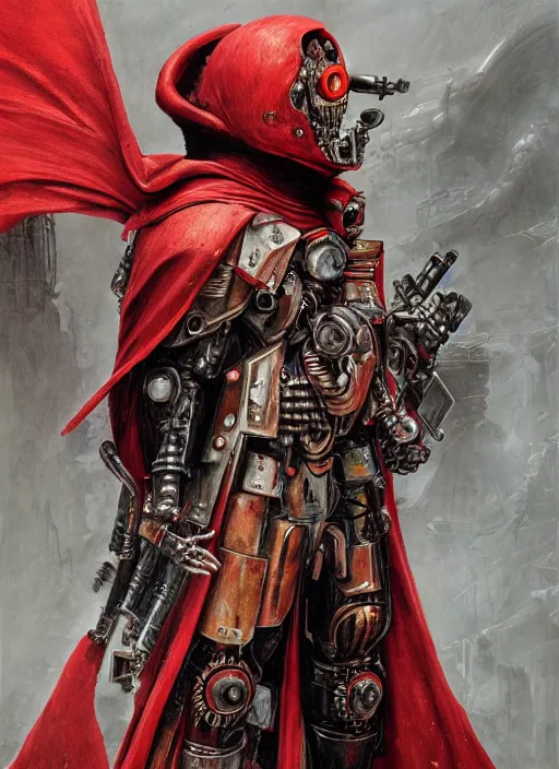 Image similar to portrait of rotten Nicolas Cage as adeptus mechanicus in red hood and robe from Warhammer 40000. Highly detailed, artstation, illustration by and John Blanche and zdislav beksinski and wayne barlowe