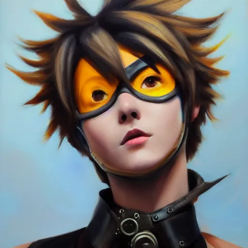 Prompt: oil painting of tracer overwatch in a field, in style of mark arian, expressive face, very detailed face, wearing black steel choker, very detailed eyes, full body, feminine face, detailed makeup on eyes,