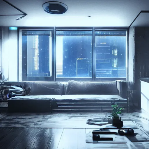 Image similar to cyberpunk apartment, futuristic, apartment, night, rain, volumetric light, ray traced, photography, behance