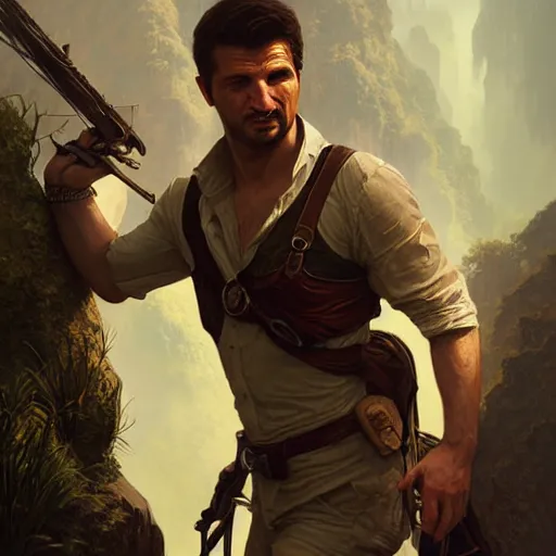 Image similar to Volodymyr Zelensky as Nathan Drake, D&D, fantasy, intricate, elegant, highly detailed, digital painting, artstation, concept art, matte, sharp focus, illustration, art by Artgerm and Greg Rutkowski and Alphonse Mucha