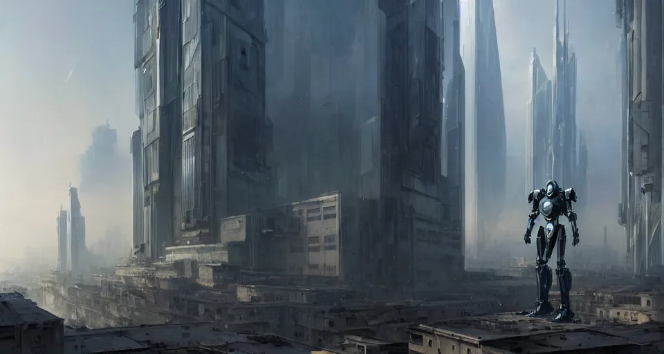 Image similar to hyper realistic sci - fi matte concept art painting of mecha standing on top of a building overlooking war in the streets, beautiful details, strong composition painted by kim jung guweta studio rutkowski, james gurney and greg rutkowski, and lucasfilm, smooth, intricate, detailed, sharp focus, cinematic