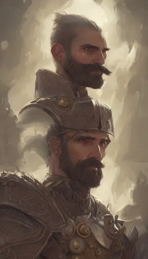 Prompt: Portrait of a knight with a large moustache, male, detailed face, fantasy, highly detailed, cinematic lighting, digital art painting by greg rutkowski