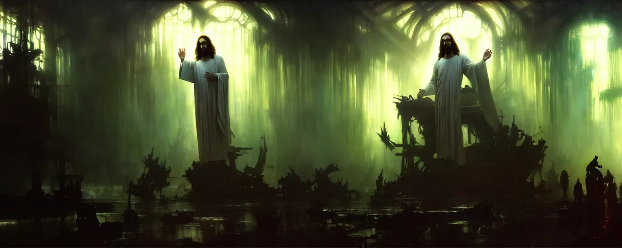 Image similar to the second coming of jesus christ, intricate concept art, ethereal, ominous, dramatic lighting, Ruan Jia and Jeremy Mann and Alphonse Mucha