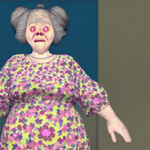Prompt: of a very funny 3 d cinematic scene. a sweet fat old woman is in love with her self. flowery dress. symmetrical face, red mouth, blue eyes. a flowery dress. deep focus, lovely scene. artstation. unreal engine. pencil and ink. goya painting style.