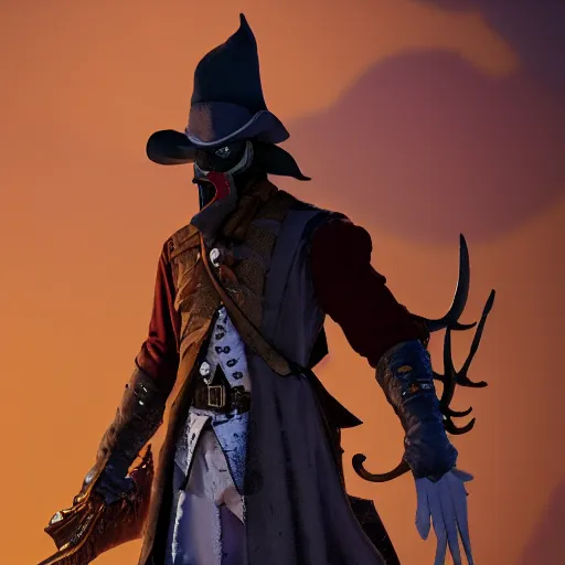 Prompt: a detailed 3 d render of darkwing duck dressed as the hunter from bloodborne, let's get dangerous, digital art, dark fantasy, concept art, soulslike, by alphonse mucha, blood moon eclipse, wherewolves in a ruined building in the background, artstation, 8 k, unreal engine render