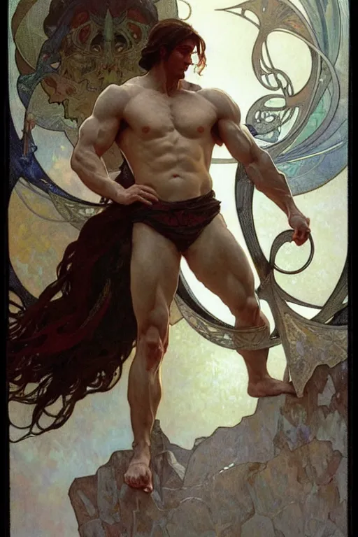 Prompt: A man wearing silver clothes, muscular, fantasy, painting by greg rutkowski and alphonse mucha