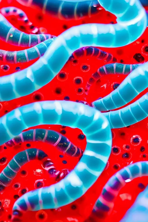 Prompt: high quality close-up photo translucent gelatinous worms! gorgeous red dots highly detailed hannah yata elson peter cinematic turquoise lighting high quality low angle hd 8k sharp shallow depth of field