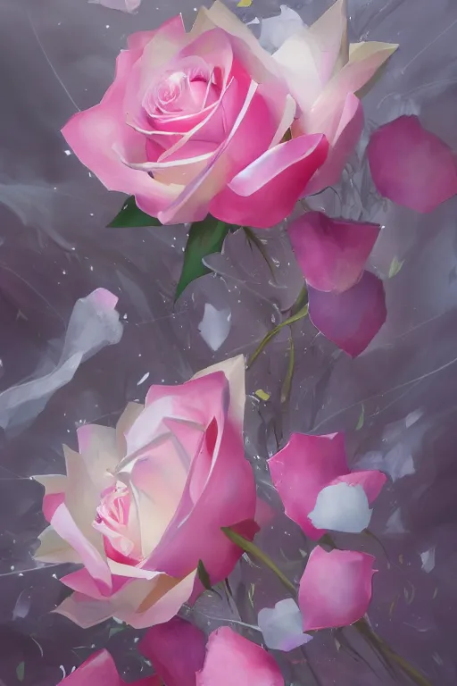 Prompt: concept art magic invisible blades slicing through a bouquet of white and pink roses, flowers exploding and spraying, big puffy clouds, large rose petals, lotus petals, large polygonal background elements, large polygons, dramatic anime, dramatic lighting, artgerm, manga, trending on artstation, marco bucci, mature colors